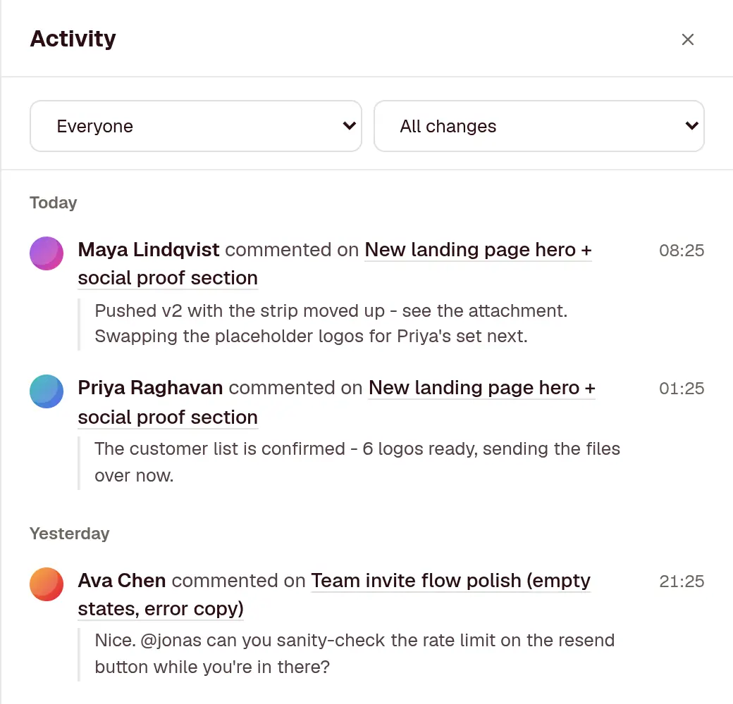 A board's Activity panel, grouped by day, with teammates commenting on cards and moving one from In Progress to In Review.