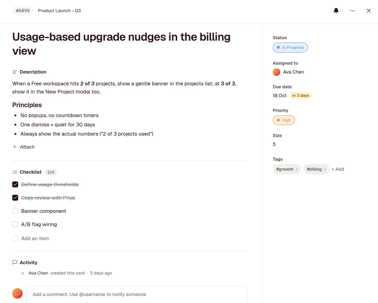 An open card, Usage-based upgrade nudges in the billing view, with its description, a checklist 2 of 4 done, and its status, assignee, due date, priority, size and tags.