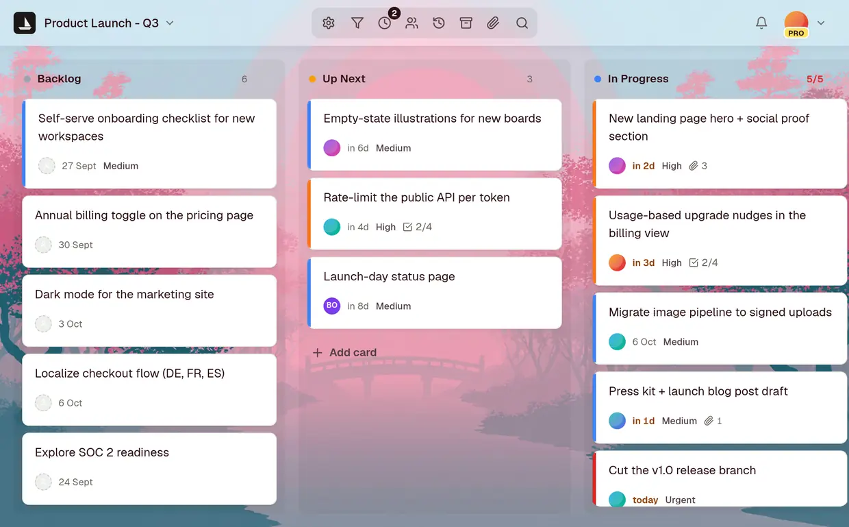 The Product Launch board, with Backlog, Up Next and In Progress columns. In Progress shows 5 of 5 in red, at its WIP limit.