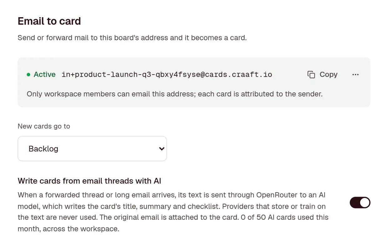 A board's Email to card settings: an active address, new cards going to Backlog, and AI cards switched on with 0 of 50 used this month.