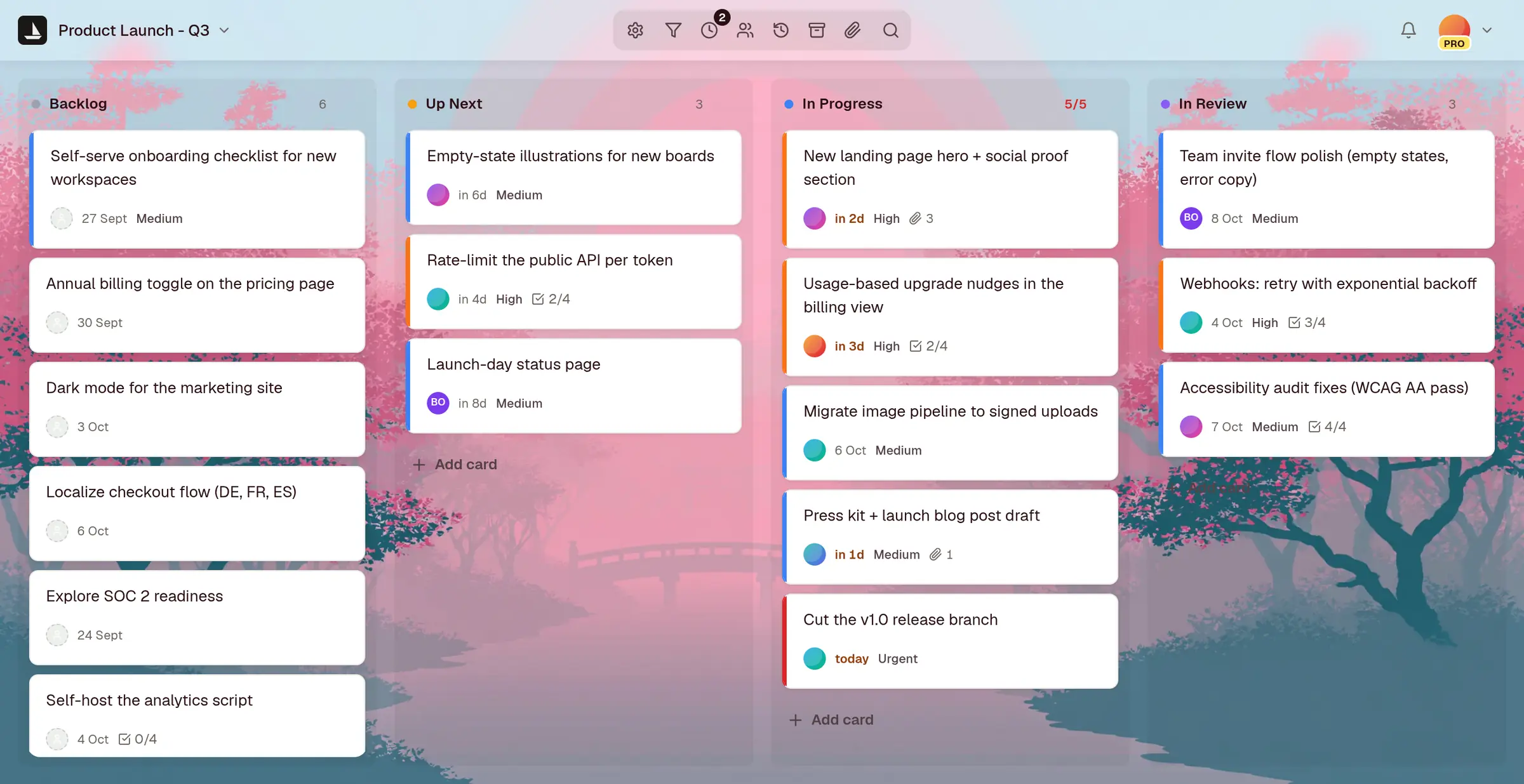 A craaft board called Product Launch, with Backlog, Up Next, In Progress and In Review columns. Cards show assignees, due dates, priorities and checklist progress, and In Progress is at its WIP limit of 5.