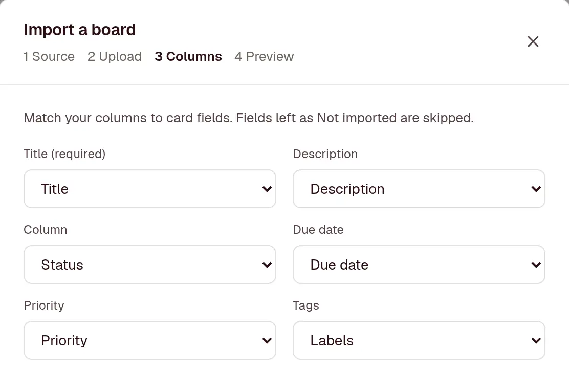 Importing a CSV: craaft has matched the file's Title, Description, Status, Due date, Priority and Labels columns to card fields.