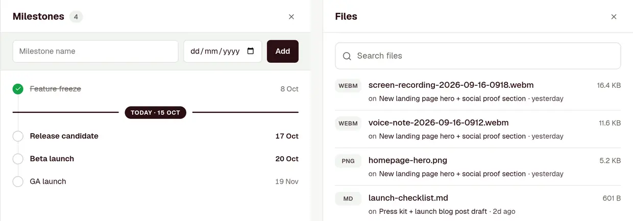 Two board panels side by side. Milestones: Feature freeze done on 8 October, a line marking today, then Release candidate, Beta launch and GA launch. Files: a screen recording, a voice note, an image and a Markdown file, each with the card it is on.