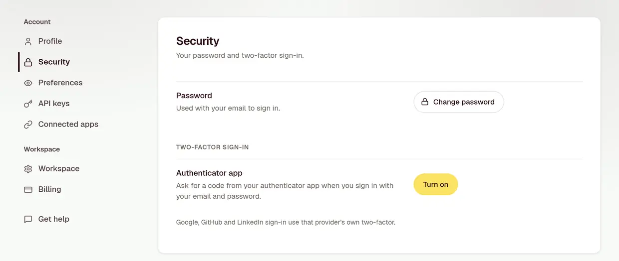 Security settings: change password, and two-factor sign-in with an authenticator app, ready to turn on.