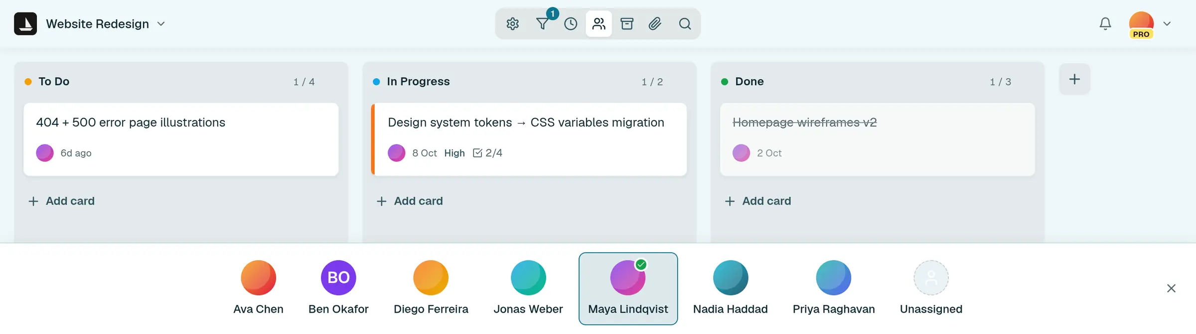 A board in standup mode with Maya selected: each column shows only her card, such as 1 of 4 in To Do, and a bar along the bottom lists everyone on the board.