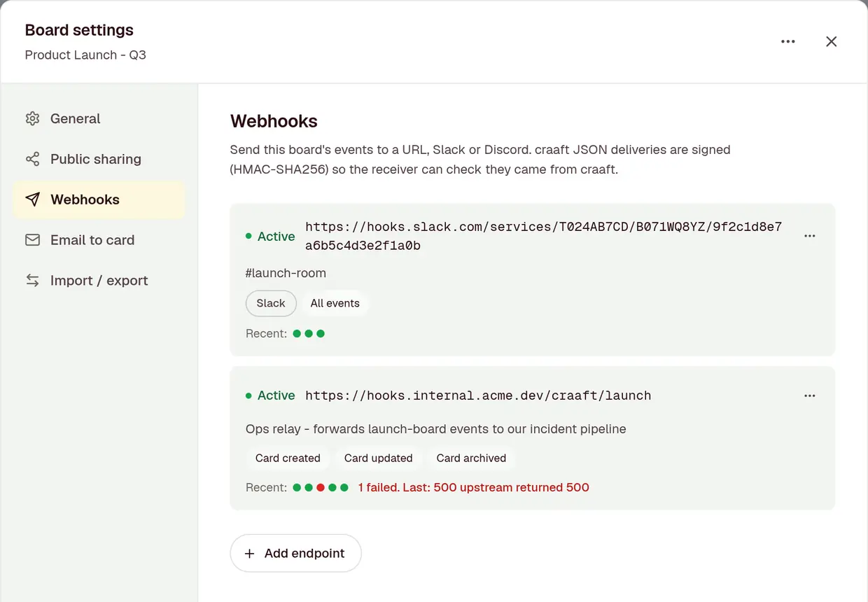 A board's webhook settings: a Slack endpoint posting every event to #launch-room, and a signed endpoint for card events showing 1 failed delivery.